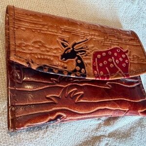 Small Orange Leather Wallet with Gazelle Design Change Purse From India